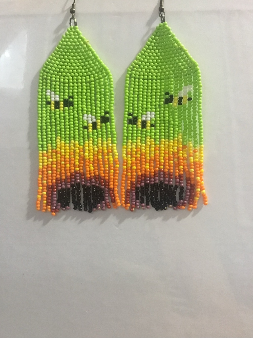 Handmade Lime Green Beaded Fringe Earrings with Orange Accent